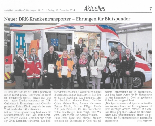 20141212 Neuer KTW + Blutspenderehrung